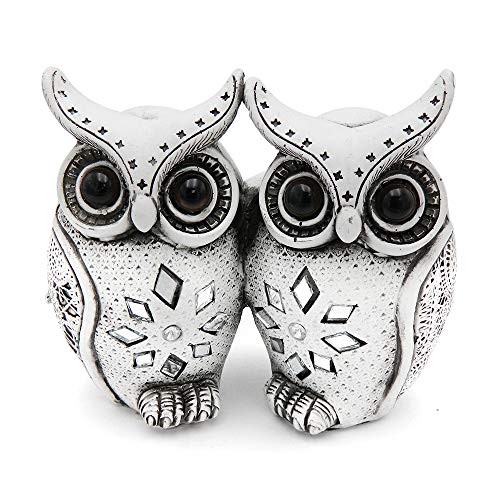 Rockin Owl Figurine Couple Set Cute Statue, Unique 2 White Owls Together - Nice Decoration for Home Office, White/Black