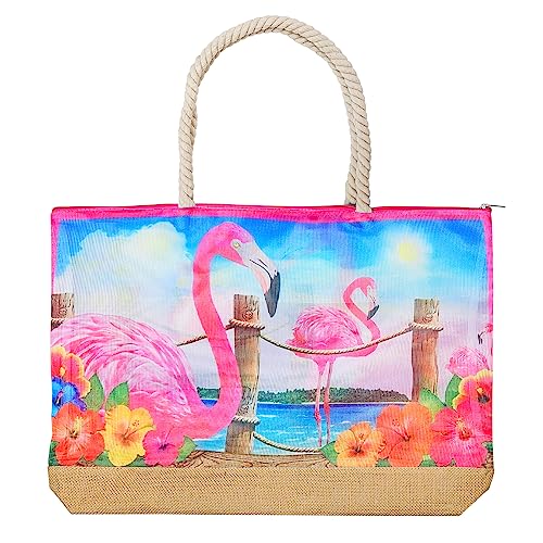 Rockin Flamingo Souvenirs Gifts Beach Bags for Women, Mesh Oversized Beach Totes Shoulder Handbags with Zipper, Collectible Souvenir Beach Bag Gifts