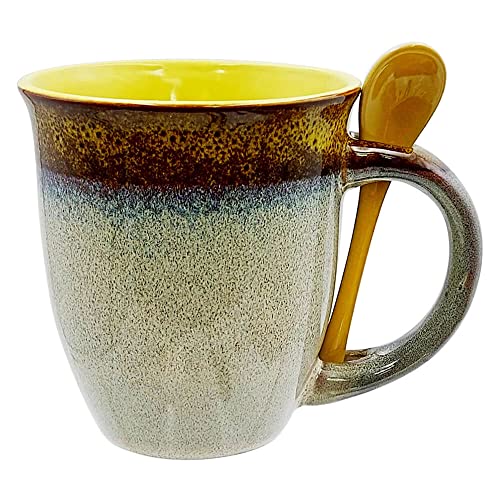 Mug with Spoon - Glazed Ceramic Coffee and Tea Cup with Handle - Gorgeous Unique Design Coffee Mugs 16 oz. - Best Gift for Coffee Tea Lover/Addicts