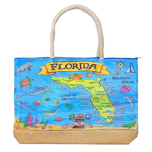 Rockin Florida Souvenirs Gifts Beach Bags for Women, Mesh Oversized Beach Totes Shoulder Handbags with Zipper, Florida Collectible Souvenir Beach Bag Gifts