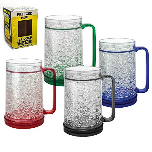 Beer Mugs For Freezer Set of 4, Insulated Freezer Mug for Beer and Cocktails with Handle, Freezer Safe Beer Steins Double Walled 16 oz Cups for Ice Cold Beer & Beverages (4 PACK)