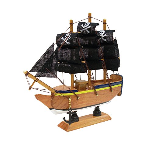 Rockin Gear Nautical Pirate Ship Figurine -Pre Built Watercraft Genuine Handcrafted Wood 6" - Collectible Sailboat Home Decor (Black)