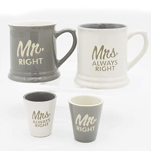 Couples Gifts Shot Glasses Mug Mr & Mrs Always Right Couples Mugs for Him and Her Gifts, Set of 4 Coffee Mugs 10 oz, Great Honeymoon Gifts for Anniversary Wedding Husband & Wife Present or Bride & Groom