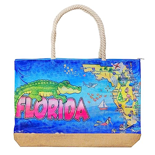 Rockin Florida Souvenirs Gifts Beach Bags for Women, Mesh Oversized Beach Totes Shoulder Handbags with Zipper, Florida Collectible Souvenir Beach Bag Gifts (Gator)