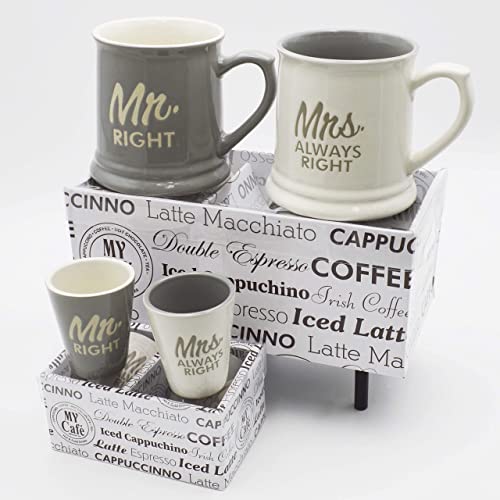 Couples Gifts Shot Glasses Mug Mr & Mrs Always Right Couples Mugs for Him and Her Gifts, Set of 4 Coffee Mugs 10 oz, Great Honeymoon Gifts for Anniversary Wedding Husband & Wife Present or Bride & Groom