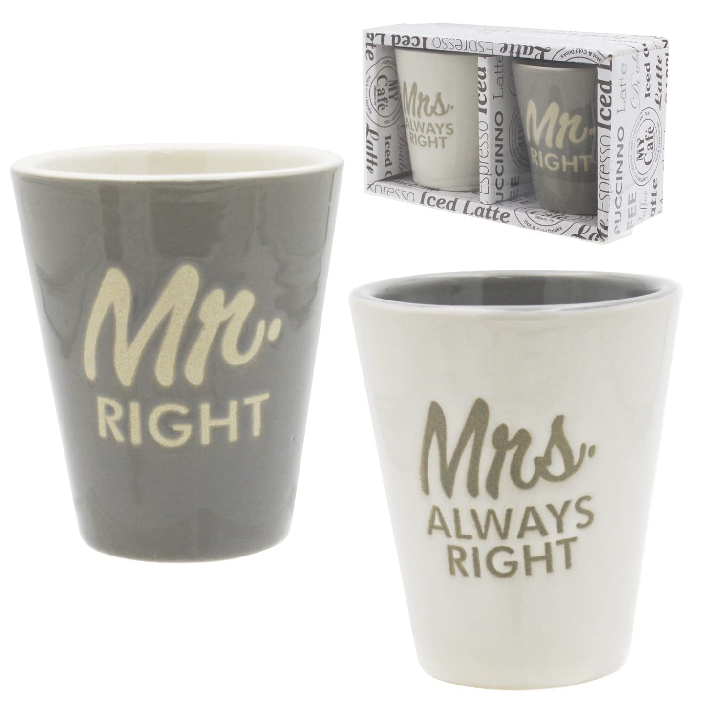 Couples Gifts Shot Glasses Mug Mr & Mrs Always Right Couples Mugs for Him and Her Gifts, Set of 4 Coffee Mugs 10 oz, Great Honeymoon Gifts for Anniversary Wedding Husband & Wife Present or Bride & Groom