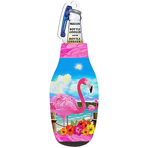 Florida Flamingo Beer Bottle Sleeve Set, Zip-Up Neoprene Cooler with Bottle Opener, Fun Pink Insulated Bottle Jacket Sleeves for Men, Classic Thick Thermocoolers, Secret Santa