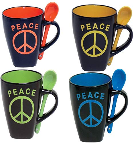 Mug Coffee Cup with Spoon 12 Oz Peace Sign Ceramic Novelty Coffee Mug
