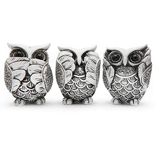 Owl Statue Home Décor Owls Figurine Family Set of 3 Cute Owl Lovers Black & White Gifts for Mom, Zen Mood Gifts, See Hear Speak No Evil, Nice Home Office Decoration, Positive Vibes
