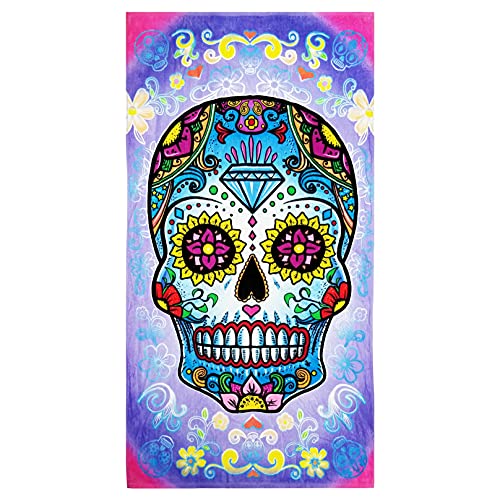 Sugar Skull Beach Towels 30" x 60" Soft Cotton Velour Beautiful Novelty Towels for Men & Women, Skull Beach Towel