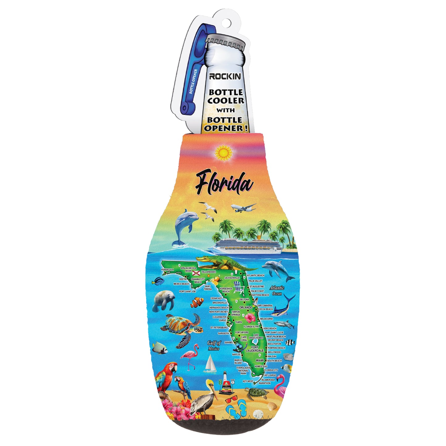 Florida Beer Bottle Sleeve Set, Florida Souvenirs and Gifts, Zip-Up Neoprene Cooler with Bottle Opener, Insulated Bottle Jacket Sleeves, Classic Thick Thermocoolers