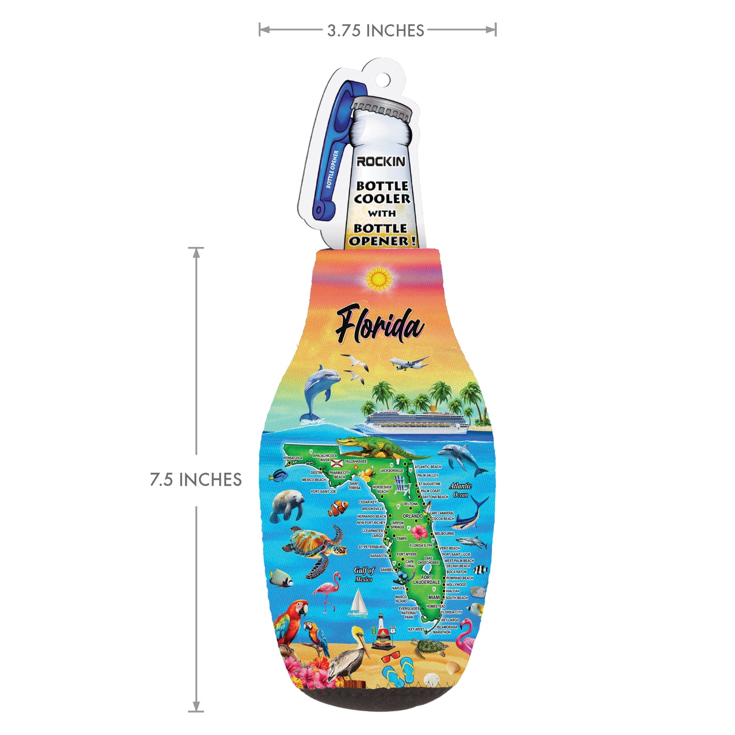 Florida Beer Bottle Sleeve Set, Florida Souvenirs and Gifts, Zip-Up Neoprene Cooler with Bottle Opener, Insulated Bottle Jacket Sleeves, Classic Thick Thermocoolers