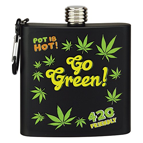 Flask Stainless Steel Marijuana 6 oz Flask Weed Leaf Go Green 420 Friendly, Great Gag Gifts for Men & Women, Secret Santa (Go Green 420 Friendly)