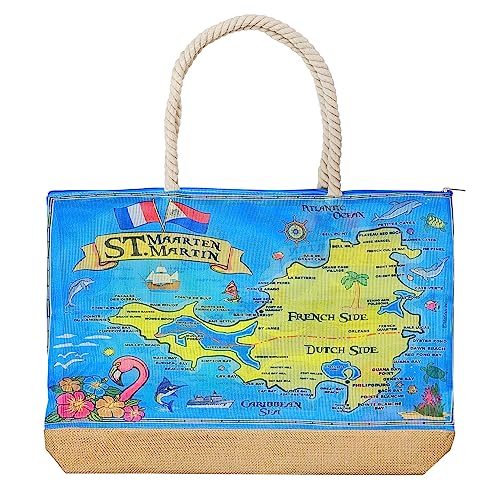 St Maarten Souvenirs Gifts Beach Bags for Women, Mesh Oversized Beach Totes Shoulder Handbags with Zipper, Collectible Souvenir Beach Bag Gifts