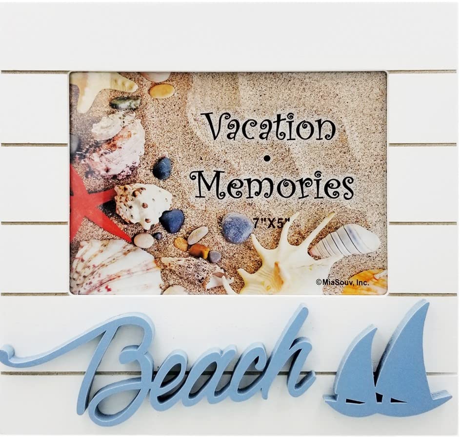 Rockin Wooden Beach Picture Frame Sailboat White Photo Frames, Beach Sign with Sailboat, Best Vacation Getaway Gift/Souvenir Idea, Secret Santa (BEACH2, 7" x 5")