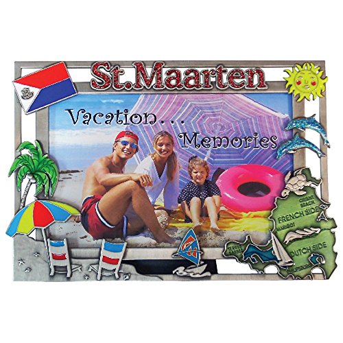 Rockin Gear St. Maarten Picture Frame Souvenir Gifts Pewter 4x6 Photo Frames St. Maarten/St.Martin Island Map, Flag and Palm Tree Design for Wall or Table Mount (St. Maarten)