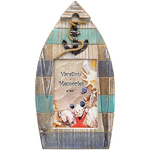 Wooden BOAT Picture Frame Nautical Photo Frames, Unique Blue Accent Sailboat with Rope & Anchor, Best Vacation Getaway Gift/Souvenir Idea (BOAT1, 4" x 6")