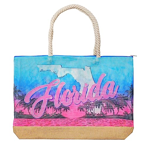 Rockin Florida Souvenirs Gifts Beach Bags for Women, Mesh Oversized Beach Totes Shoulder Handbags with Zipper, Florida Collectible Souvenir Beach Bag Gifts