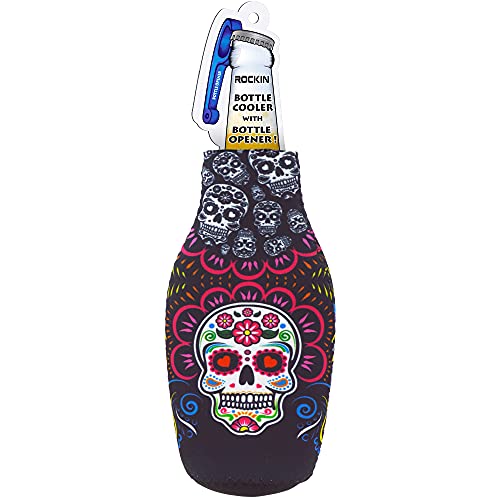 Skull Beer Bottle Cooler Sleeves, Gothic Candy Skull Neoprene Zip-Up Holder with Bottle Opener, Fun Cranium Design Thermocooler for Men, Keeps Beer Cold