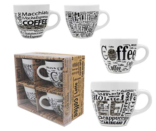 ROCKIN GEAR Espresso Coffee Mug Set of 4 Coffee mugs (2.5 Ounce) Ceramic cup set with distinctive assorted Coffee vintage phrases, in exclusive Boxed gift set