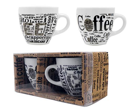 ROCKIN GEAR Espresso Coffee Mugs Set 2.5 ounce - Beautiful Vintage Ceramic Small Espresso Cup with distinctive assorted Coffee phrases, Boxed Gift for Mom