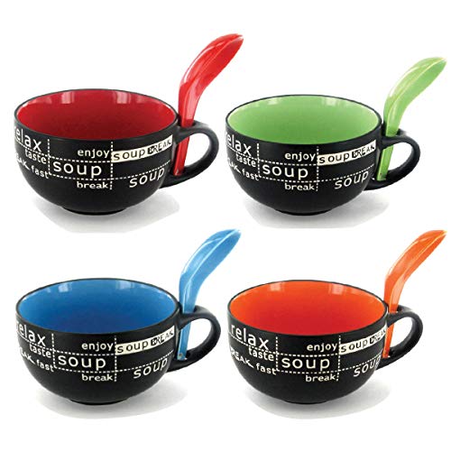 Rockin Ceramic Set of 4 Soup/Cereal Bowl, 14 oz Large Black Bowls for Oatmeal, Fruit, Rice - Dishwasher & Microwave Safe Home & Kitchen (Assorted Colors)
