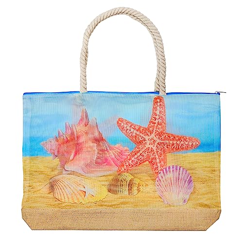 Seashell Beach Bags for Women, Mesh Oversized Beach Totes Shoulder Handbags with Zipper, Collectible Souvenir Beach Bag Gifts