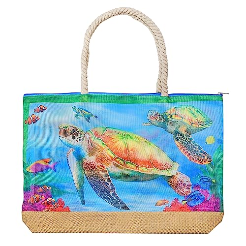 Rockin Turtle Souvenirs Gifts Beach Bags for Women, Mesh Oversized Beach Totes Shoulder Handbags with Zipper, Collectible Souvenir Beach Bag Gifts