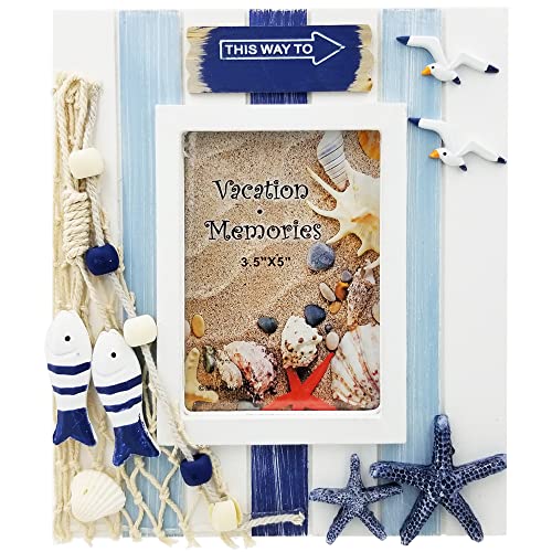 Wooden Fish & Birds Picture Frame Seashells Photo Frames, Road Sign, Seagulls, Starfish, Shells, & Net, Best Vacation Getaway Gift/Souvenir Idea (FISH, 3.5" x 5")