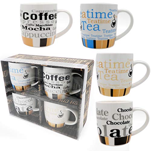Rockin Gear Coffee Mug Set of 4 Coffee Mugs White Ceramic Cups with distinctive assorted Café phrases, in exclusive Boxed Gifts Set Home Decoration, Gift for Mom Birthday Secret Santa