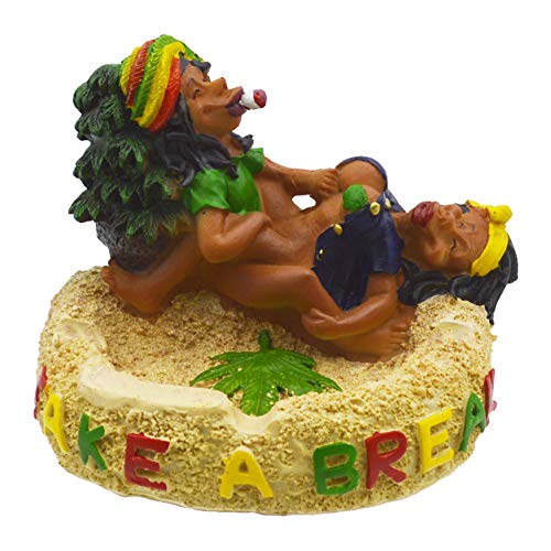 Ashtray - Intricate Resin Rasta Take a Break Jamaicans Making Love on Marijuana Weed Leaf Stashbox - Cigarette Marijuana Ashtray Round, Great Gag Gift fro Men Women