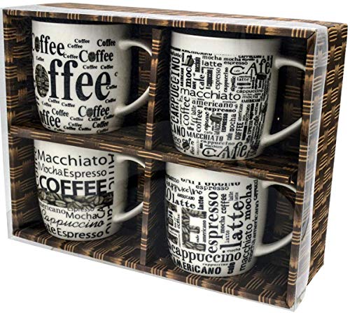 Rockin Coffee Mugs Beautiful Vintage Ceramic Cups Set of 4 with distinctive assorted Café phrases, in exclusive Boxed gift sets best Gift Set Home Decoration, Gifts for Mom Birthday Christmas
