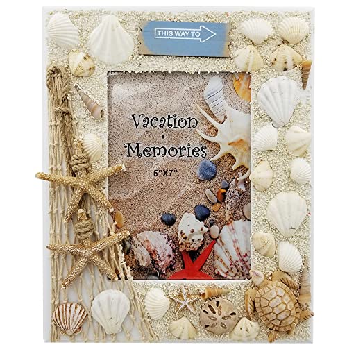 Rockin Wooden Picture Frame Nautical Seashells Themed Photo Frames, Best Vacation Getaway Gift/Souvenir Idea Turtle, Dragnet, Starfish, Shells Addict Unique Home Décor (SEASHELLS, 5" x 7")