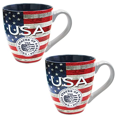 Rockin Mug USA American Flag Patriotic Fun Sets Statue of Liberty Seal 4th July Independence Ceramic 14 oz Cups, Mug Sets for Men & Women United States of America (2 PACK)