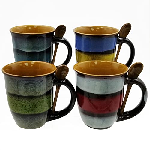 Rockin Gear Mug Large 14 oz Coffee Mugs Set of 4 Novelty Multicolor Glazed Mug Gifts with Spoon for Men and Women