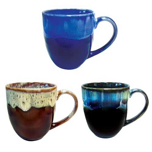 Mug Glazed Coffee Mugs Set of 3, Unique 14 oz Cups for Kitchen Decor Gifts for Mom, Microwave & Dishwasher Safe, Black Brown Blue Mug Sets, Secret Santa (Set of 3)