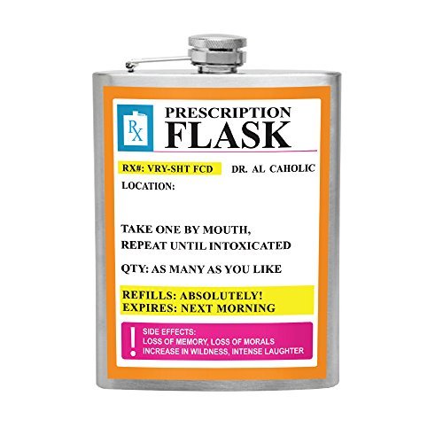 Stainless Steel Flask Prescription Rx Hip Flask 8 ounces, Unique Funny Novelty Gag Gift Petaca for Men and Women, Best Bachelor Party Fun Liquor Hip Flask Gift Idea