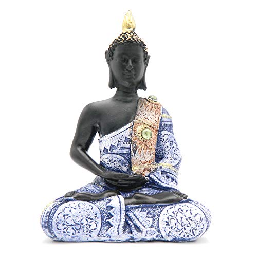 Rockin Buddha Statue Black Body Dress Blue Antiques 8 inches Tall Pattern Decoration Mantra Buddha Home Decoration Office Meditation Room Temple Statues for Home Decor