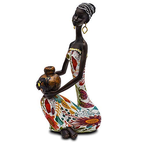 Statue African Figurine Sculpture Colorful Dress Sitting Down Holding Vase Lady Statues Collectible Art Piece 10.5" Inches Tall - Novelty African Statues