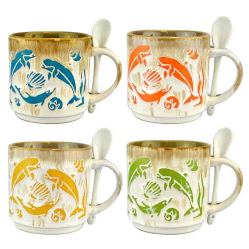 Rockin Gear 4 Mugs Ceramic Espresso Mug Set of 4, Small Teacups 5 oz Coffee Mugs and Spoon, Beautiful Seashell Design Kitchen Home Decor