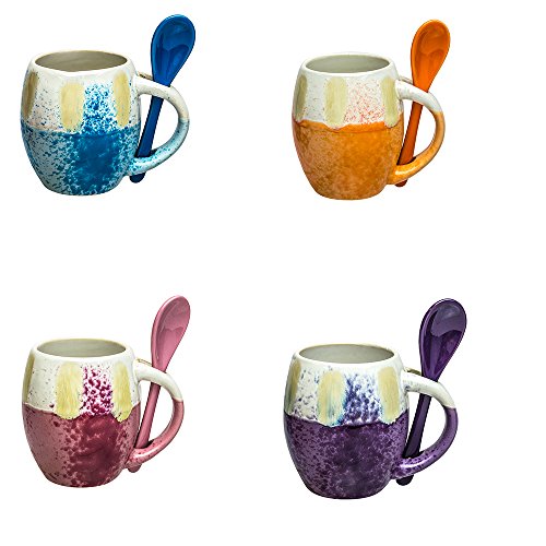 Rockin Gear 4 Mugs Ceramic Espresso Mug Set of 4, Small Teacups 5 oz Coffee Mugs and Spoon, Beautiful Glazed Design Kitchen Home Decor
