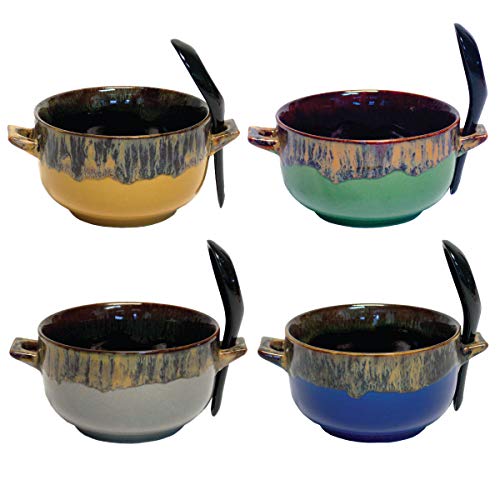 Rockin Ceramic Soup Bowls Set of 4 with Handle & Spoon, Unique Cereal Bowl 22 oz - Large Bowls for Home & Kitchen (Assorted Colors)