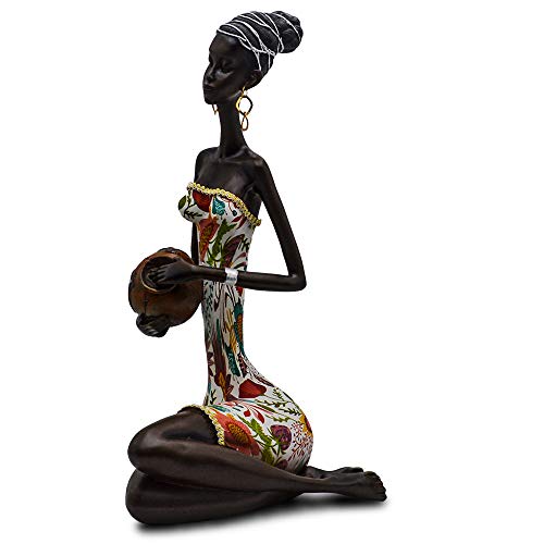 Novelty Statue African Figurine Sculpture Colorful Sitting Down Lady Figurine Holding Vase - Best Décor Collectible Africans Art Piece Gifts for Mom 15.5" Inches Tall Anniversary Idea Gift