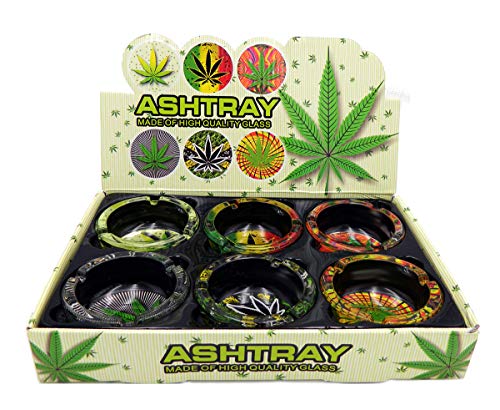 Ashtray Mariuana Leaf Design Round Glass- 6 Piece Assorted Set - Weed Hemp Pot Cannabis 420 Party Deluxe Set - Great Gag Gifts for Men, White Elephant Gifts for Humor