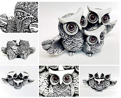 Owl Statue for Home Décor Accents, Owl Figurine Decoration for Living Room Kitchen Bedroom Bathroom, Cute Family Set with Wings All Together, Nice Decor (White/Black)