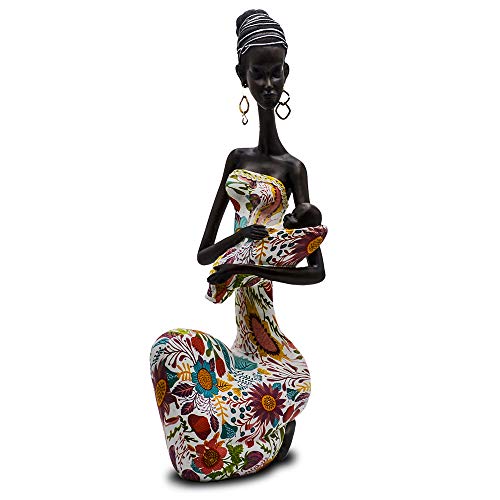 Statue African Figurine Sculpture Colorful Dress Holding Baby Woman Figurines Home Decor Collectible Gifts for Mom 15.5" Inches Tall African Art - Flower Dress Tropical Decorative Black Figurines