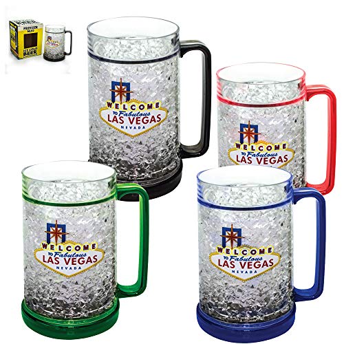 Rockin Mug Freezer 4PACK - Welcome to Las Vegas- Ice Cold Beer & Beverages 14 oz - stay fronzen for longer - 16 oz Insulated Freezer Mug Beer Mug with Freezing Gel- (4 Pack Assorted Colors)