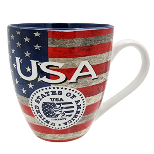 Rockin Mug USA American Flag Patriotic Mugs with Statue of Liberty Seal 4th July Independence Ceramic 14 oz Microwave & Dishwasher Safe, United States of America (1)