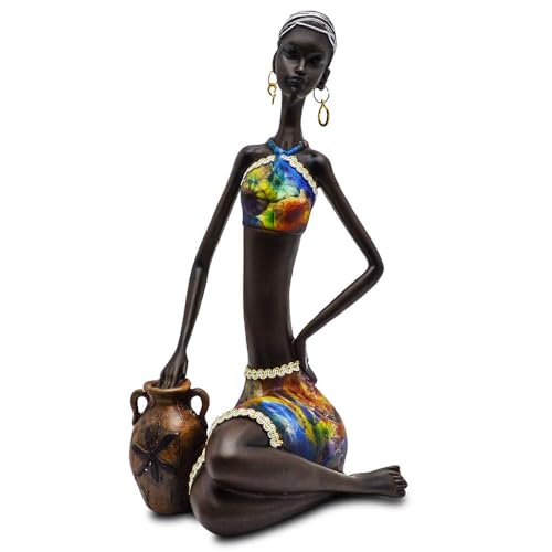 Novelty Statue African Figurine Sculpture Colorful Dress Sitting Lady Figurine Vase - Best Décor Collectible Art Piece 10.5" Inches Tall - Flower Dress Tropical