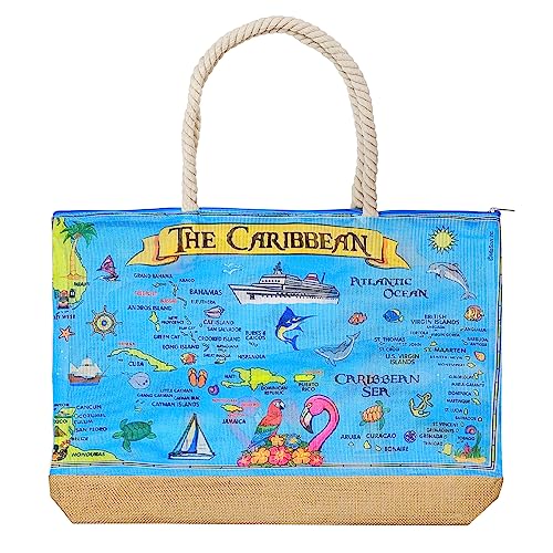Rockin Caribbean Souvenirs Gifts Beach Bags for Women, Mesh Oversized Beach Totes Shoulder Handbags with Zipper, Caribbean Collectible Souvenir Beach Bag Gifts